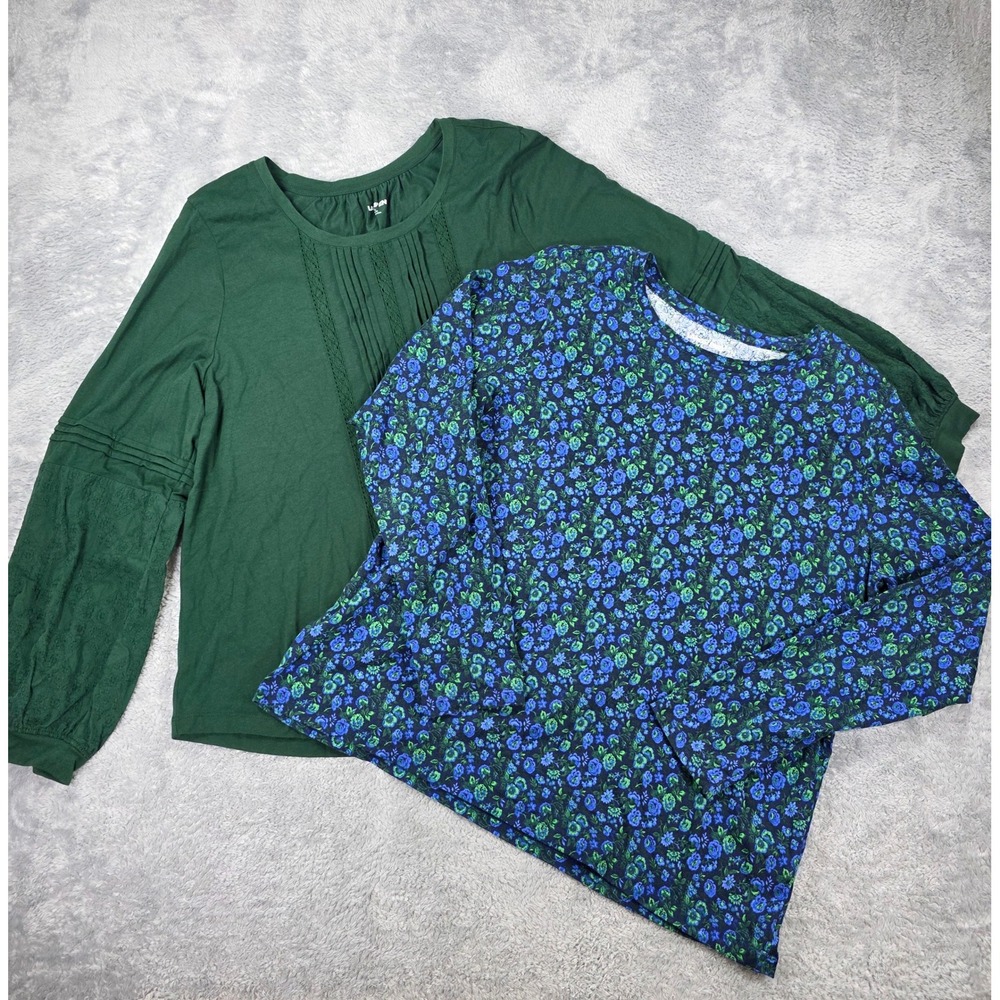 Lands End Pintuck Floral Long Sleeve Tops Green Blue L 14-16 Womens Bundle